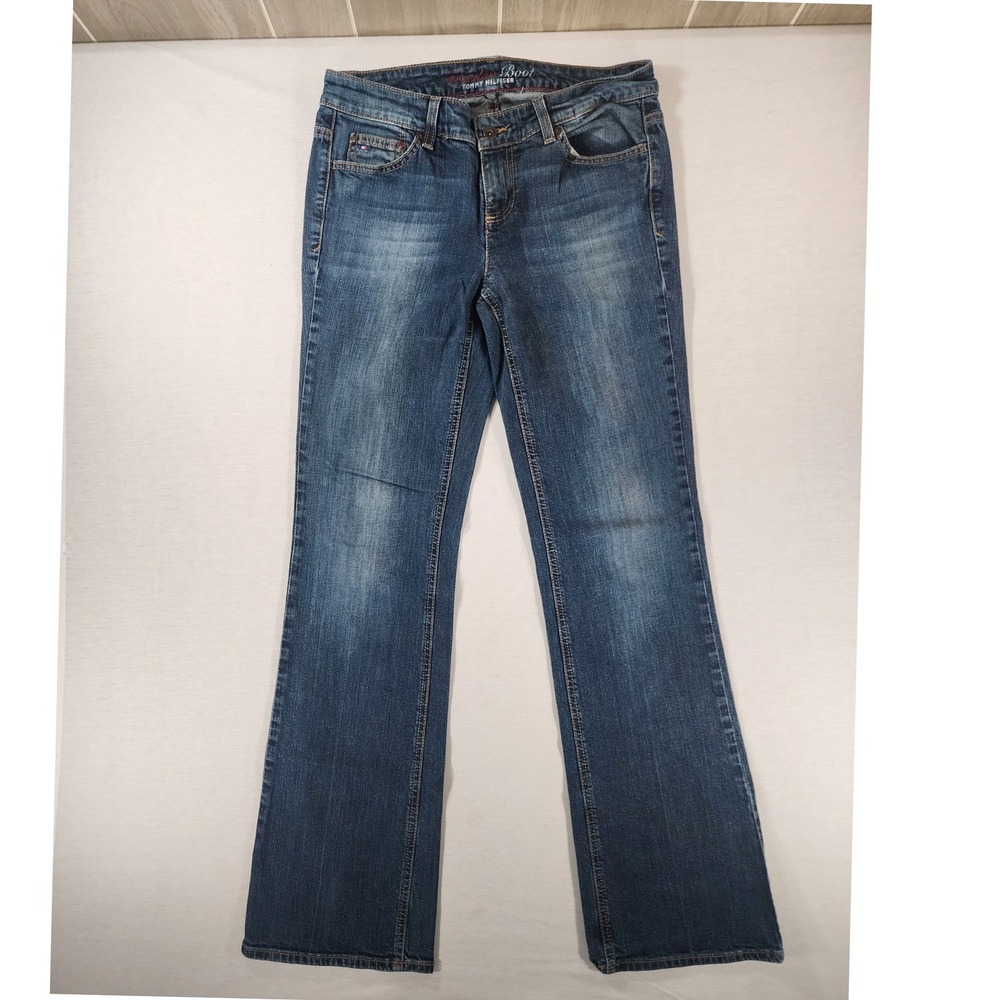 Tommy Hilfiger Freedom Boot Women 10L Long Blue Denim Jeans Low Rise Flap Pocket